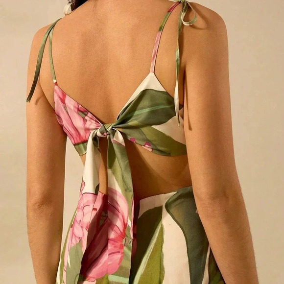 Multicolor Boho Women's Banana Tree Print Sleeveless Spaghetti Strap Dress - Picture 7 of 7